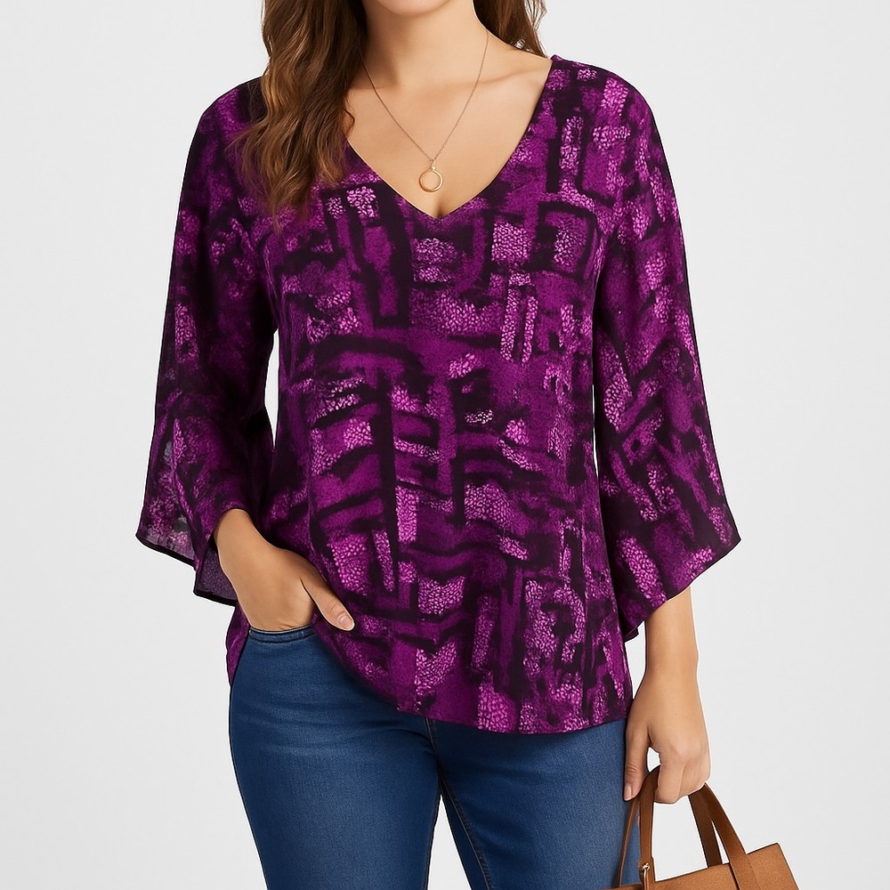 Miss Tina by Tina Knowles XL Purple Geo Maze Print V-Neck Slit Sleeve Top